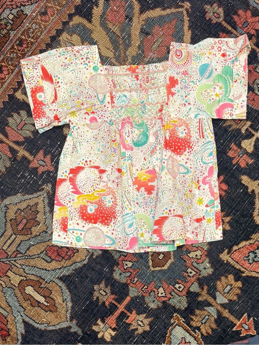 Bonpoint White Cotton Top with Coral, Mint and Yellow Print